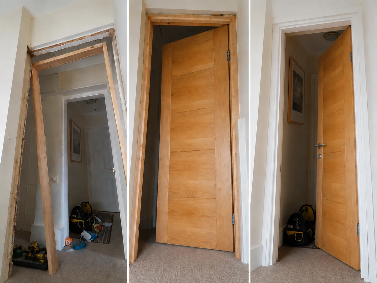 Real Vision Builder job: internal door fitting shown before, during and after — frame lining, new oak door hung, finished doorway