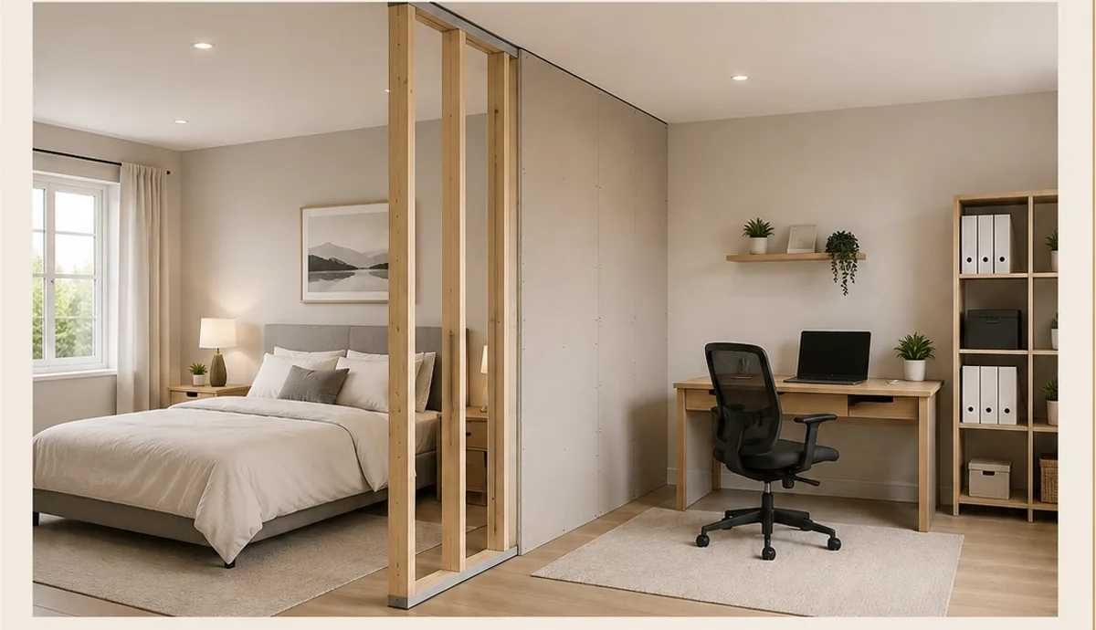 Illustrative render: a bedroom divided from a home office by a new stud partition