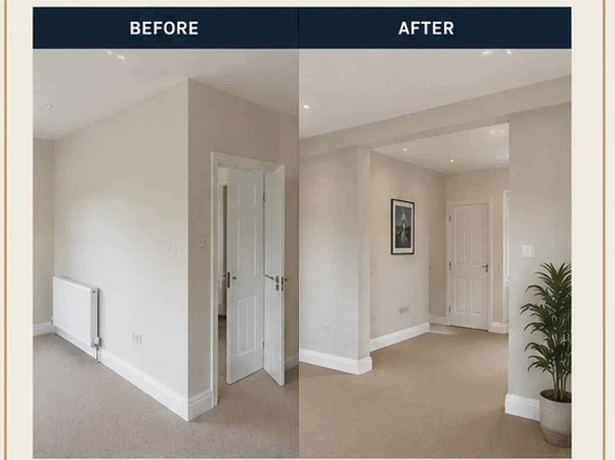 Illustrative render: a stud partition wall removed, before and after, opening the room up