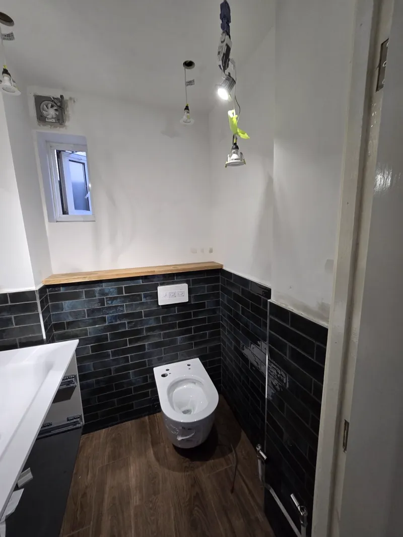 Completed cloakroom with black metro-tile walls, a wall-hung toilet and wood-effect flooring.
